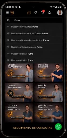 Buscador de Todo-Odonto sugiriendo productos, capacitaciones e ideas