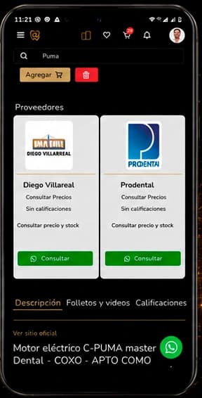 Listado de proveedores del producto con botón para consultar por WhatsApp