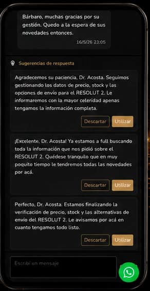 Chat de Todo-Odonto mostrando sugerencias de respuesta generadas con inteligencia artificial