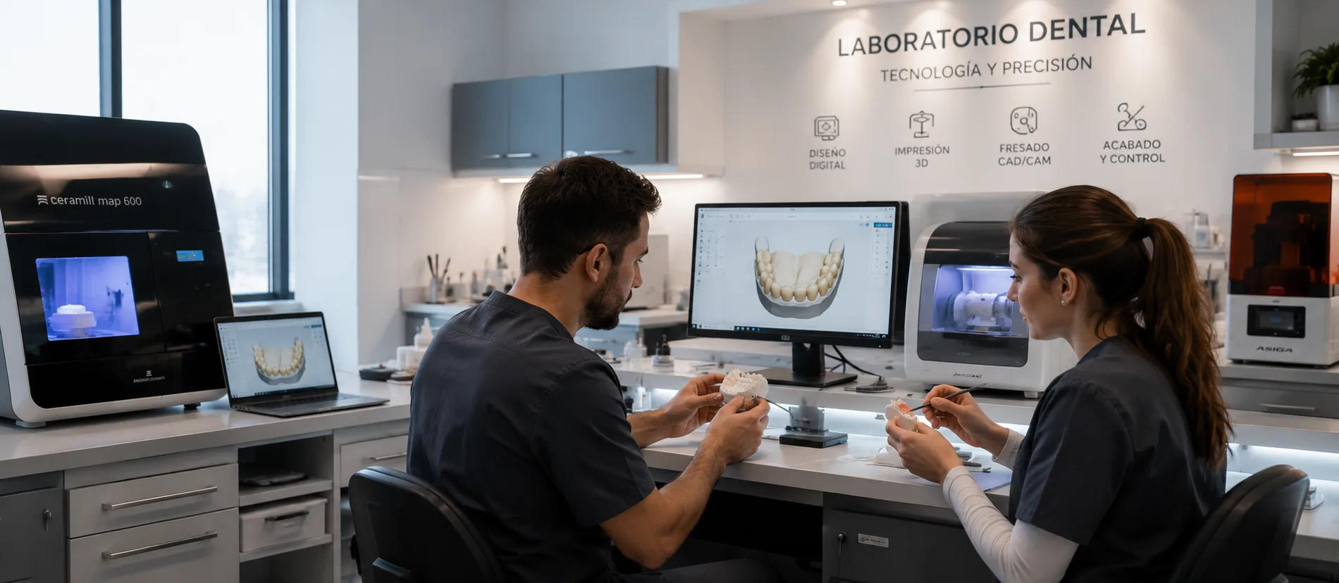 Técnicos trabajando en un laboratorio dental con escáner e impresión 3D