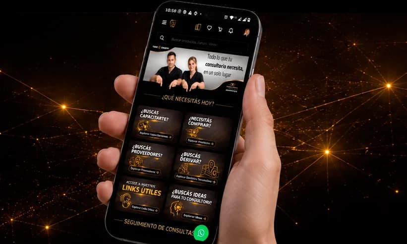 Todo-Odonto abierto en un celular sobre un fondo de conexiones doradas