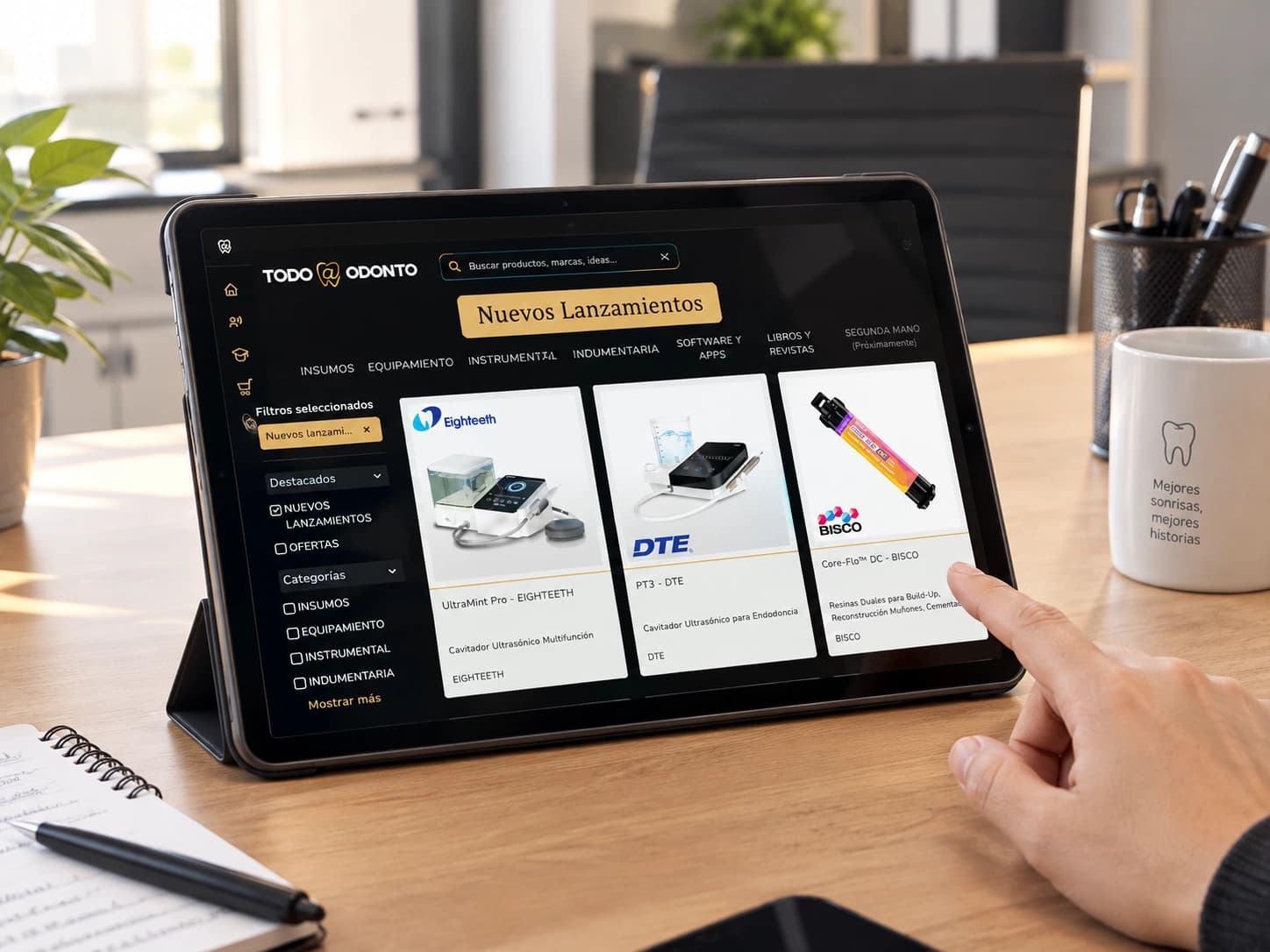 Sección Nuevos Lanzamientos de Todo-Odonto abierta en una tablet