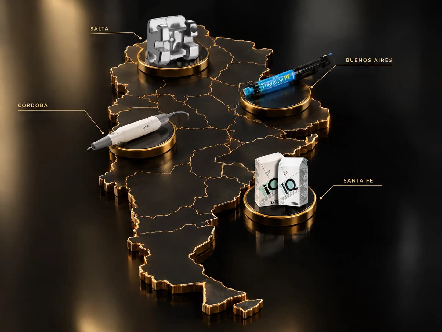 Mapa de Argentina con productos odontológicos destacados en Salta, Córdoba, Buenos Aires y Santa Fe