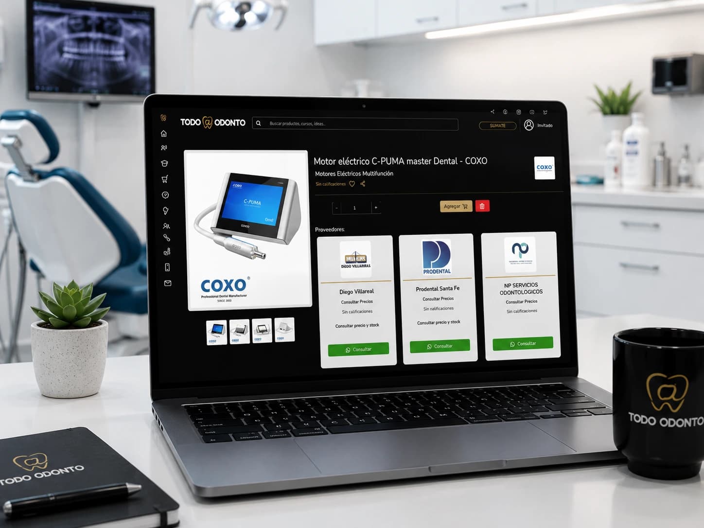 Ficha de un motor eléctrico odontológico abierta en Todo-Odonto sobre una laptop, con los proveedores que lo ofrecen