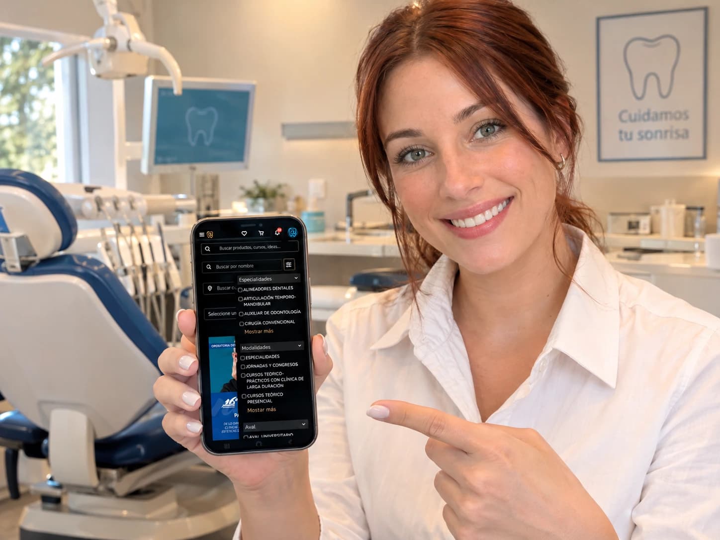Odontóloga mostrando en el celular las capacitaciones filtradas por especialidad