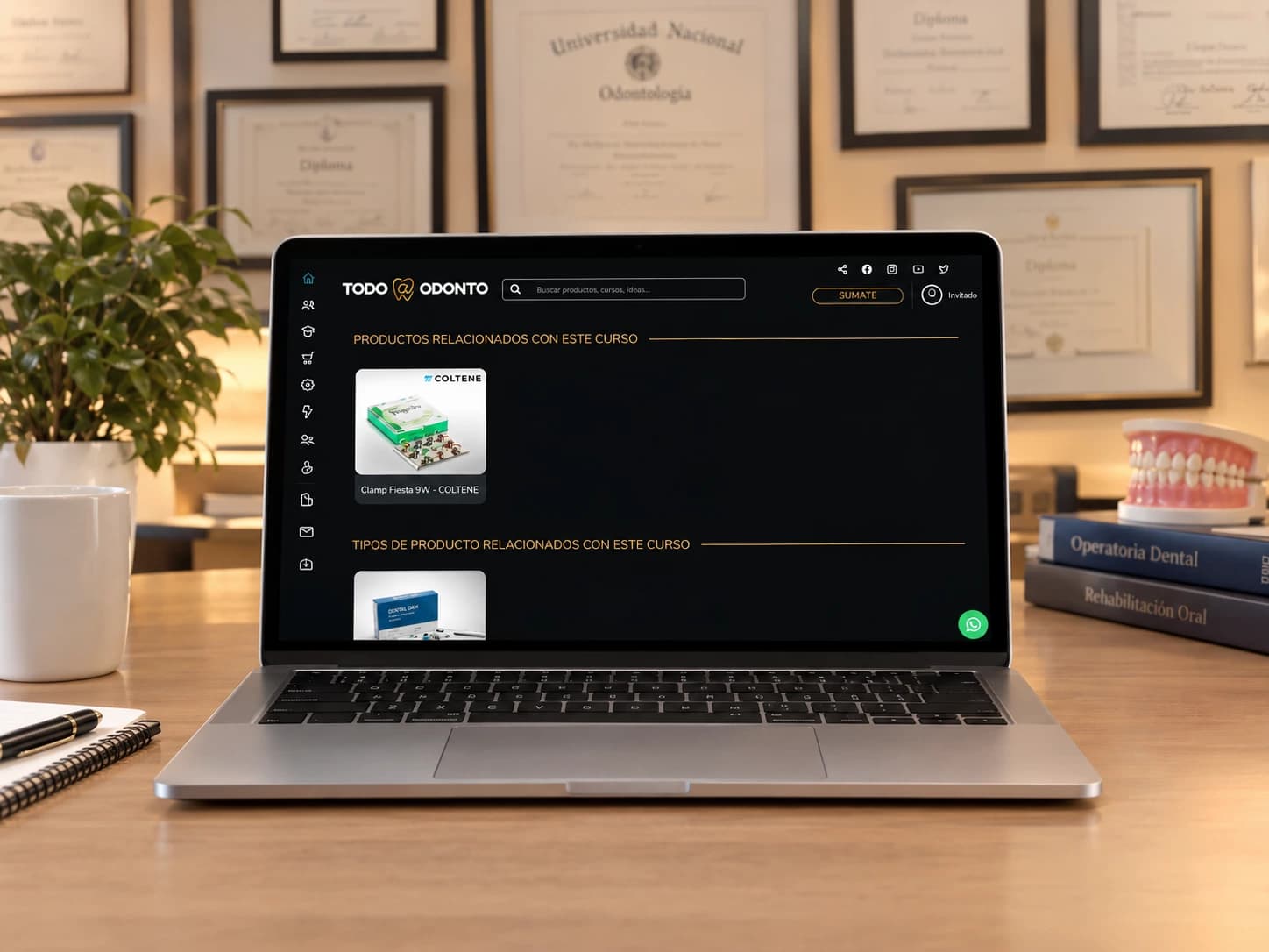 Notebook con los productos y tipos de producto relacionados con un curso en Todo-Odonto