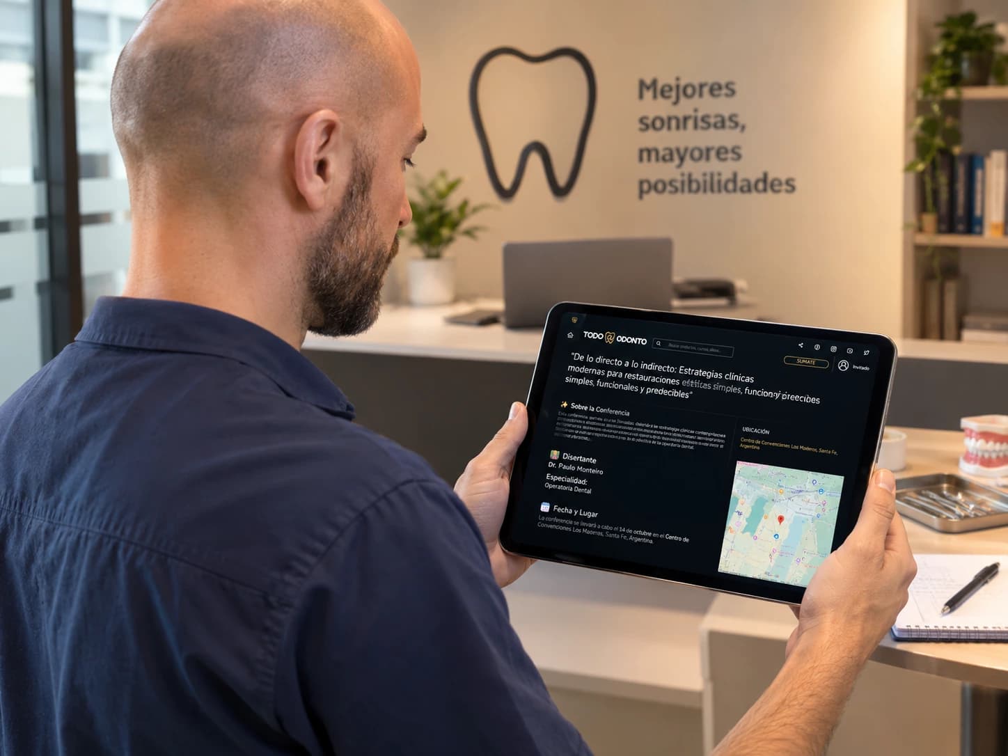 Tablet con la ficha de una jornada presencial y su ubicación en el mapa de Todo-Odonto