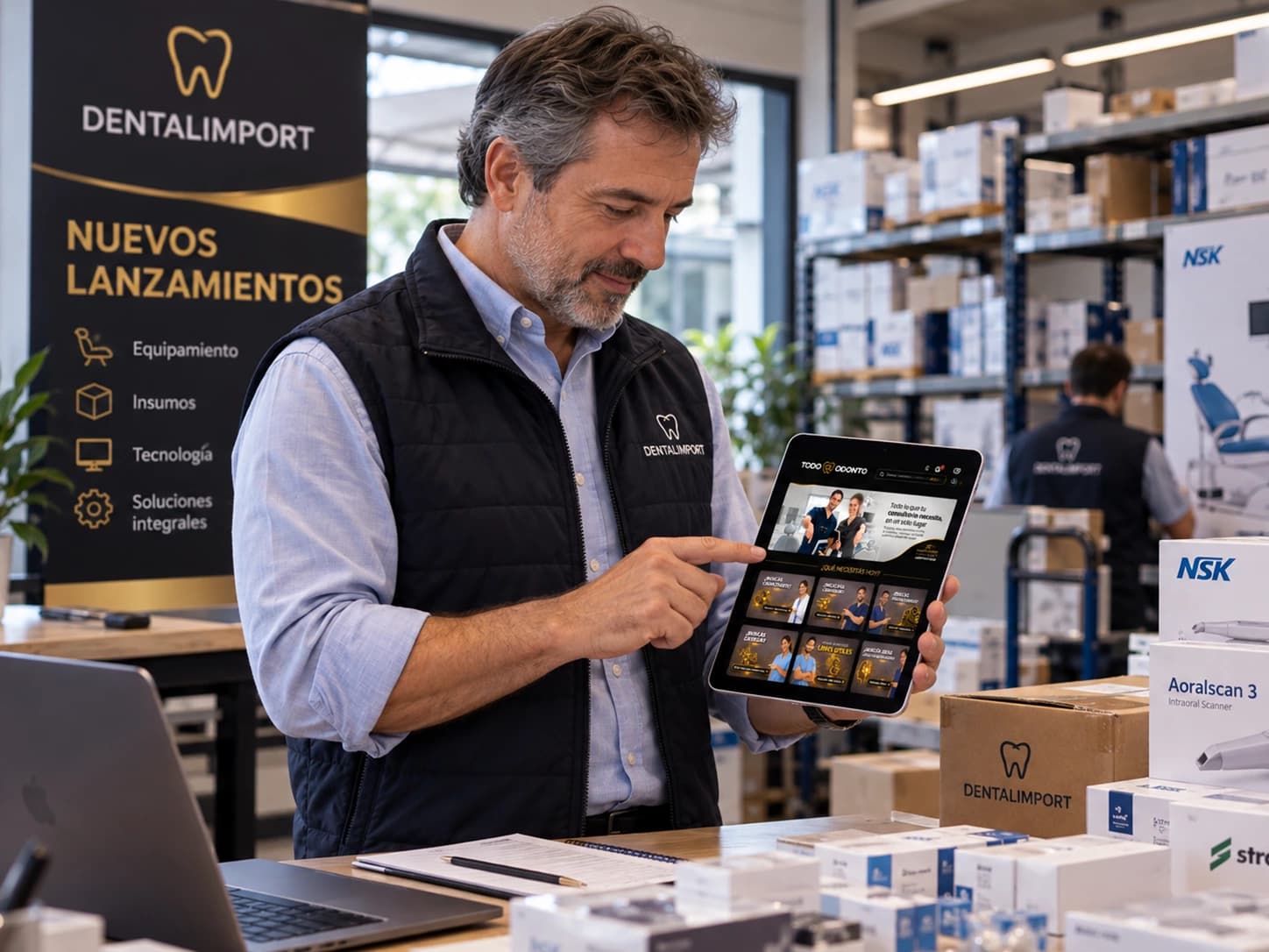 Importador presentando en una tablet sus lanzamientos y ofertas en Todo-Odonto