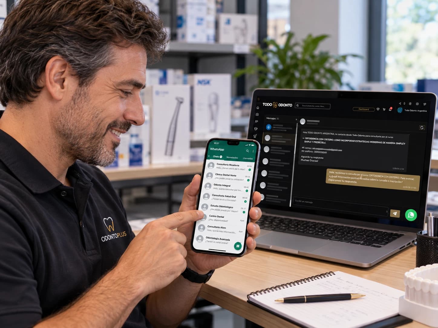 Proveedor mostrando en el celular las consultas de odontólogos que le llegan por WhatsApp, con los mensajes de Todo-Odonto abiertos en la notebook