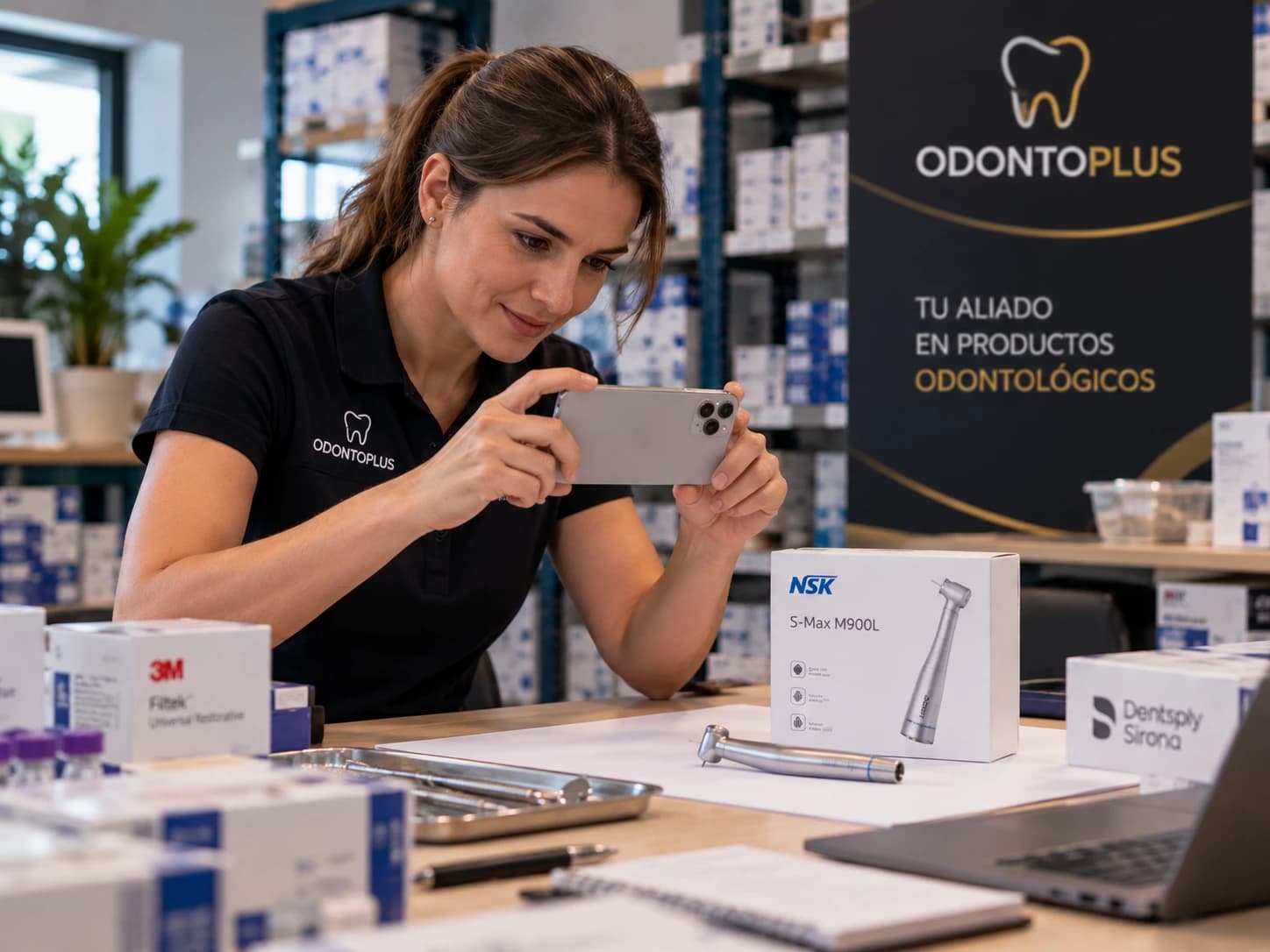 Proveedora sacándole una foto a un producto para sugerirlo al catálogo de Todo-Odonto