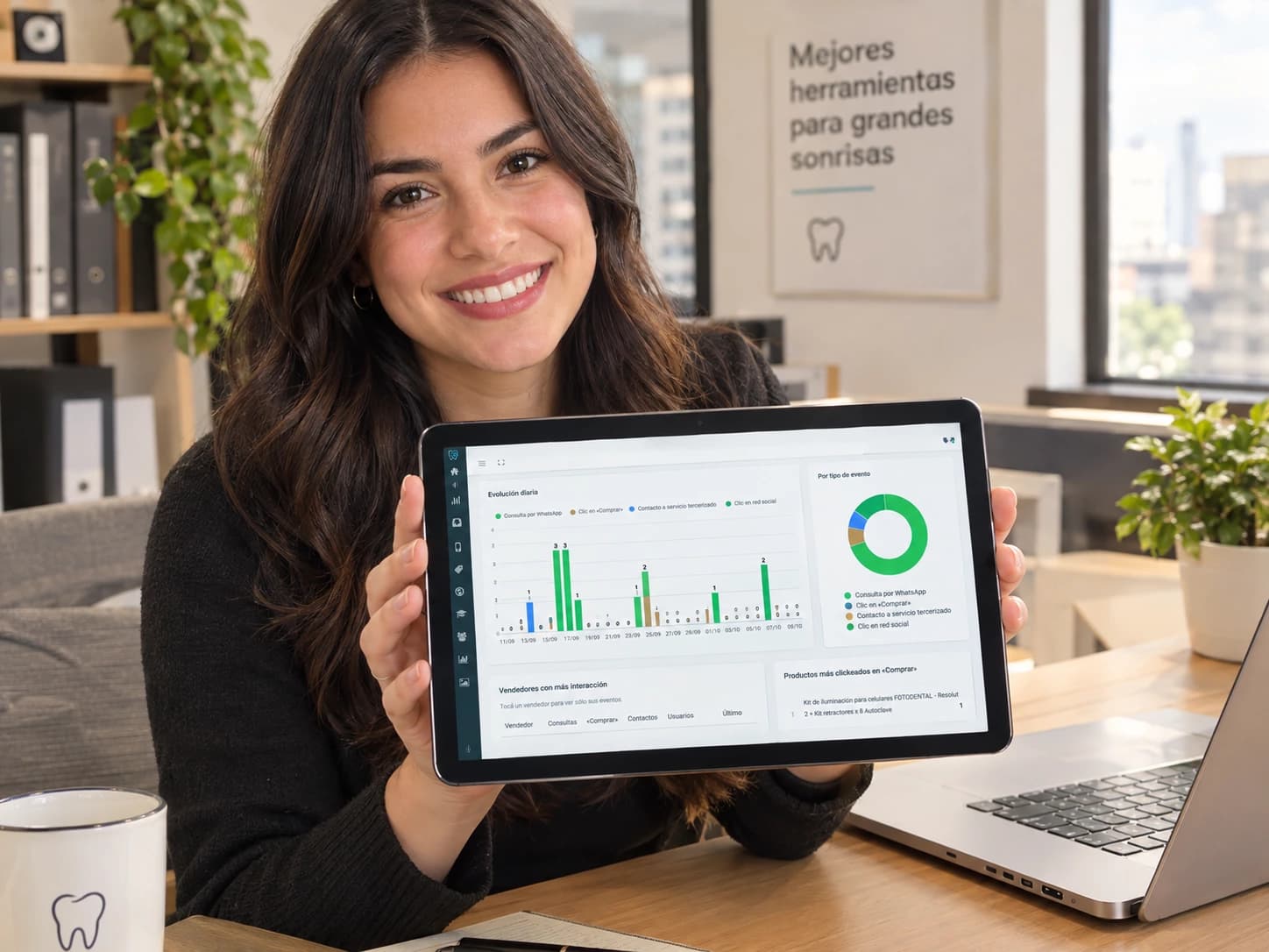 Proveedora mostrando en la tablet las métricas de visitas y consultas de sus productos