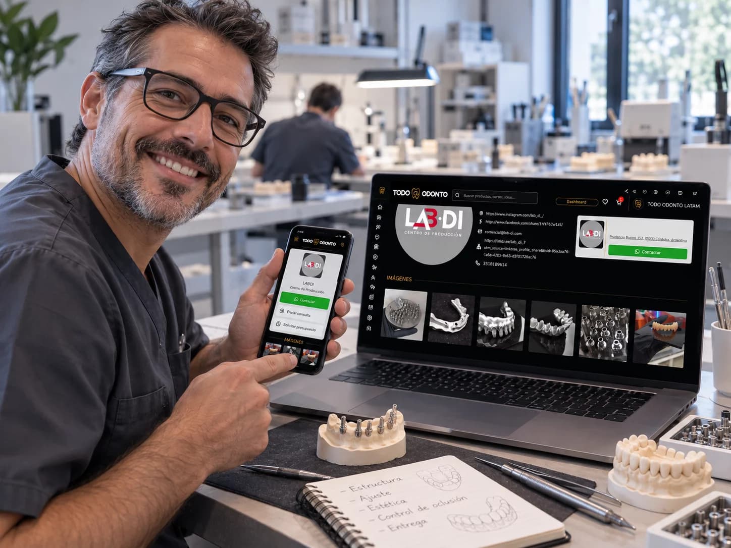 Técnico de laboratorio dental mostrando su perfil de Todo-Odonto en el celular y la notebook